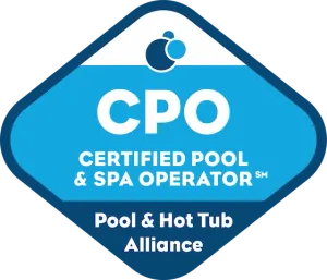 Badge with text 'CPO Certified Pool & Spa Operator' and 'Pool & Hot Tub Alliance' on a blue and white background.